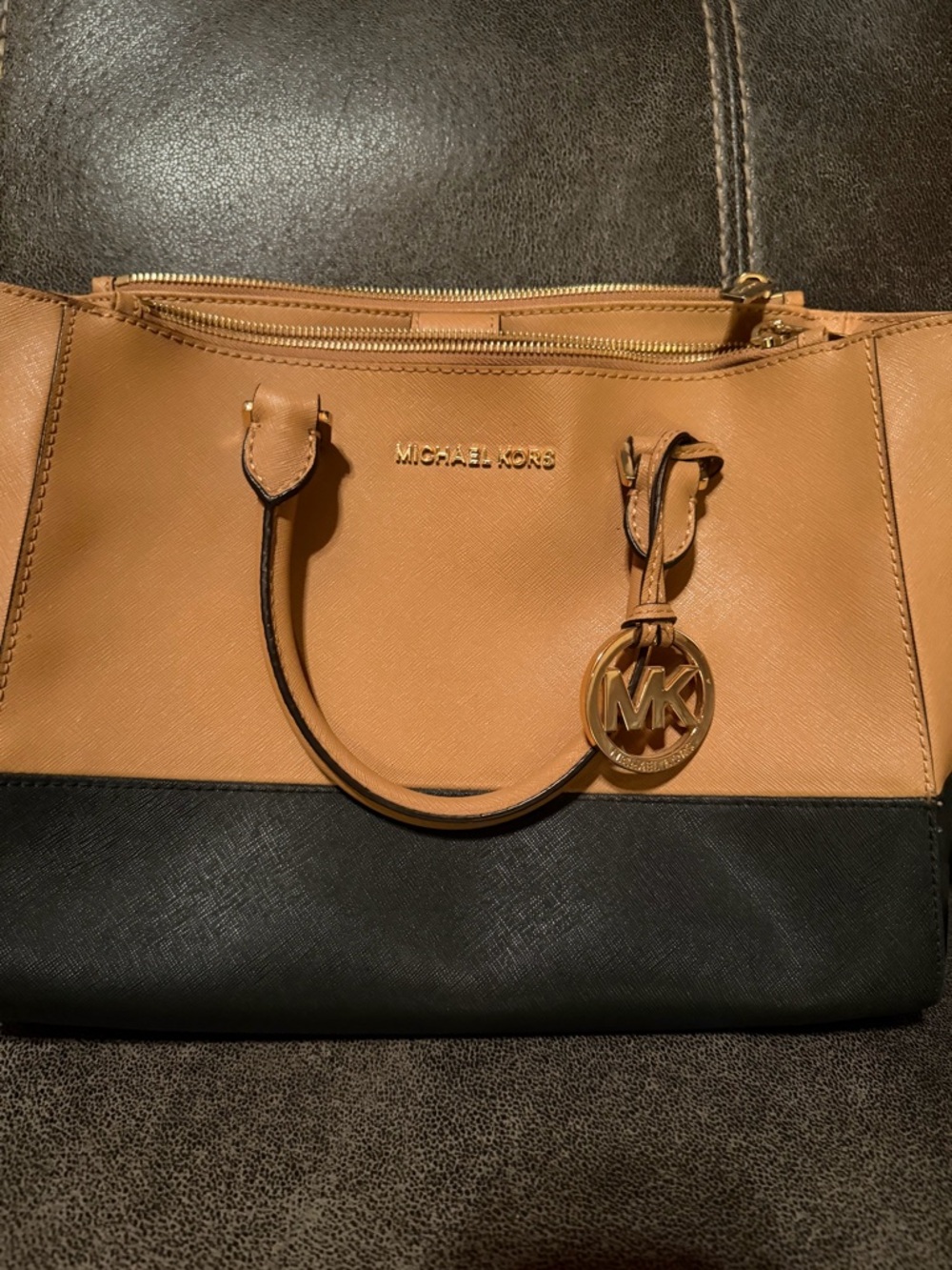 Michael Kors Tan and Black Saffiano Leather Tote with MK Charm